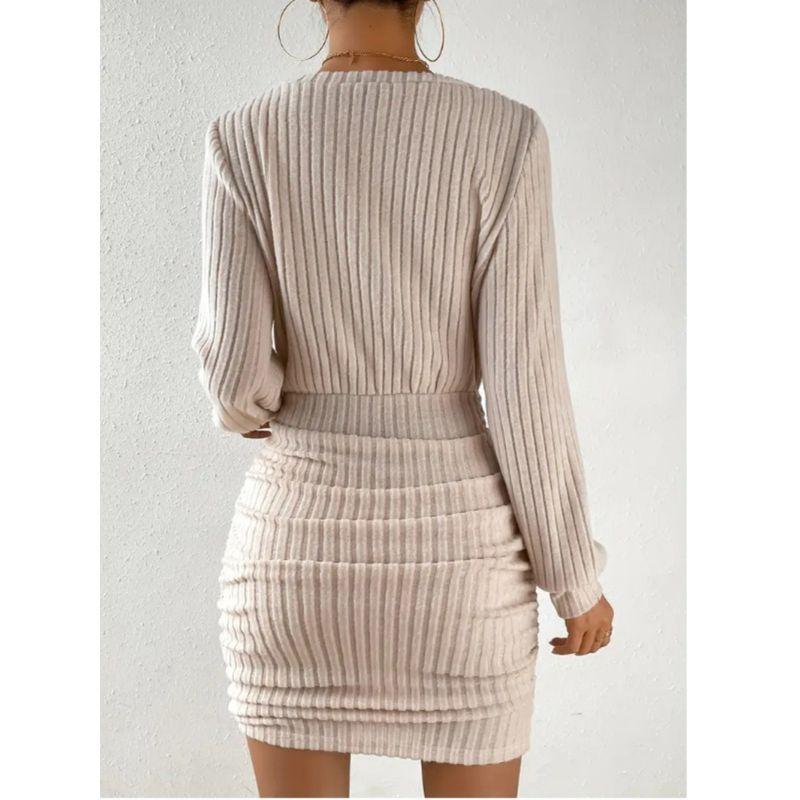 Small Autumn and Winter New V-neck Fashion Solid Sanding Sunken Stripe Double Purpose Method Slim Fit Sheath Long Sleeve Dress Women
