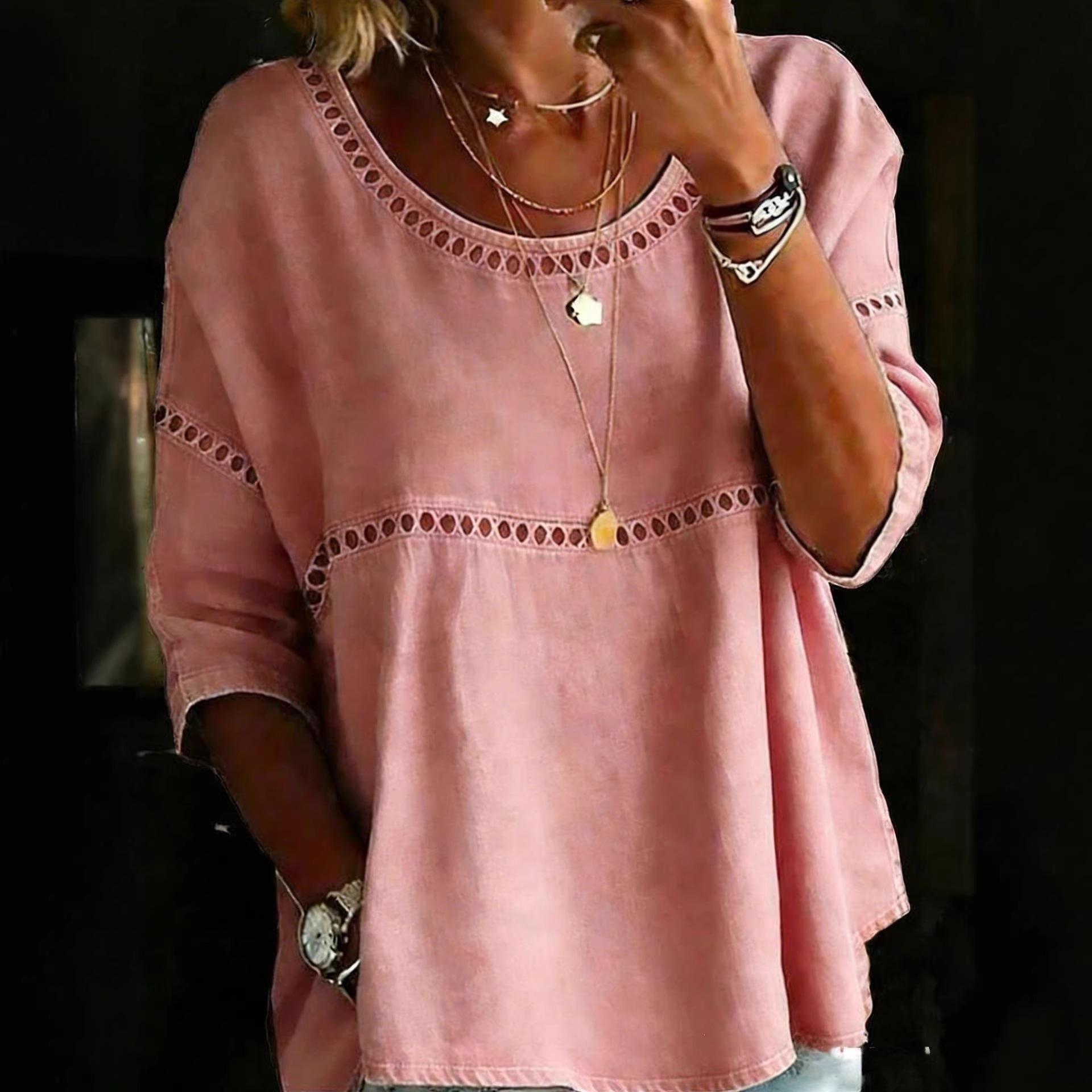 European, American spring and summer new casual hollowed-out imitation linen crew neck short-sleeved top S розовый