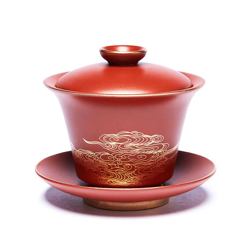 Handmade Yixing Zisha Gaiwan with Gilded Crane Design
