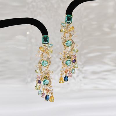 Orecchini a Goccia con Fiori Colorati in Zirconi Micro-Incastonati Moda Lusso Leggero Alta Manifattura Orecchini Squisiti Orecchini