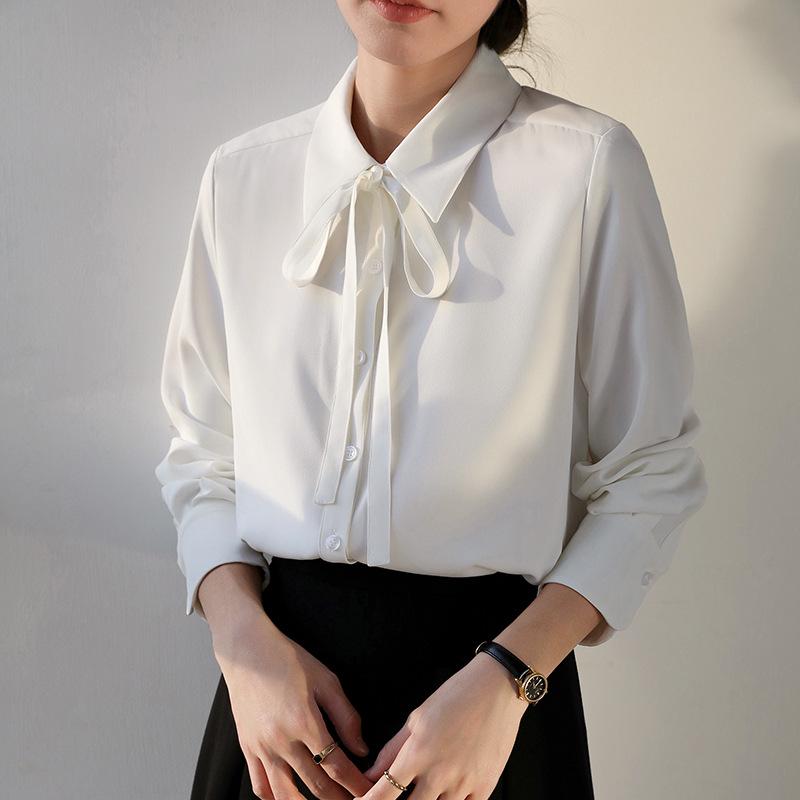 Women's Professional White Long Sleeve Shirt with Tie Detail - Ideal for Teacher Interviews and Commuting