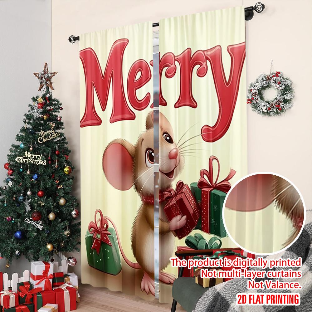 2pcs 2D flat printing Merry Christmas Party Curtains Christmas Mouse_ Versatile Durable Polyester Without Electricity Holiday