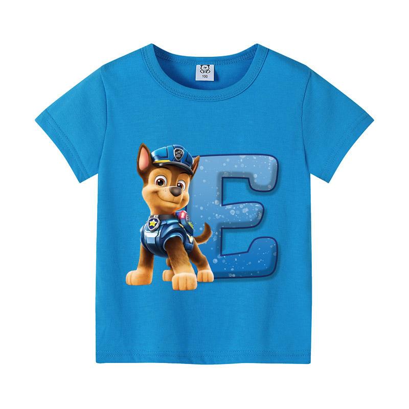Cute PAW Patrol Blue T-shirt Boys Clothes Letter A-Z Printed Short Sleeve Cartoon Fashion Kids Birthday Toddler Cotton Tops Gift