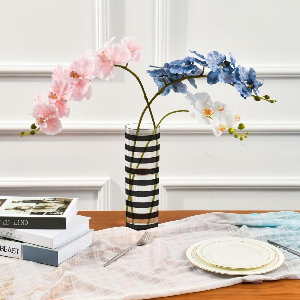Large Flower Vase Plastic Big Acrylic Cylinder Vases Black White Stripes for Centerpieces Home Decor Translucent