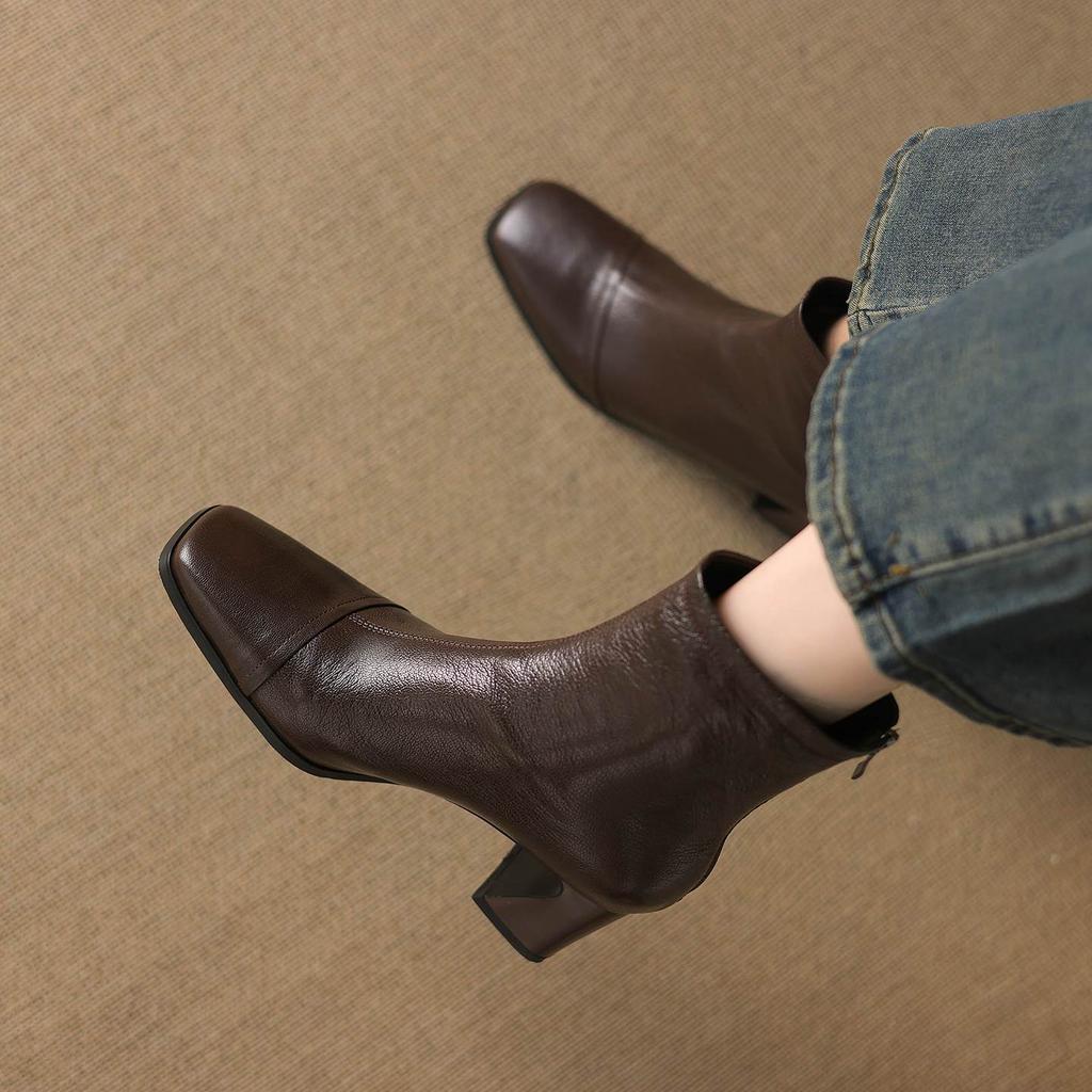 Krazing Pot Sheepskin Winter Square Toe Modern Boots Thick High Heels Zipper Women Ankle Boots