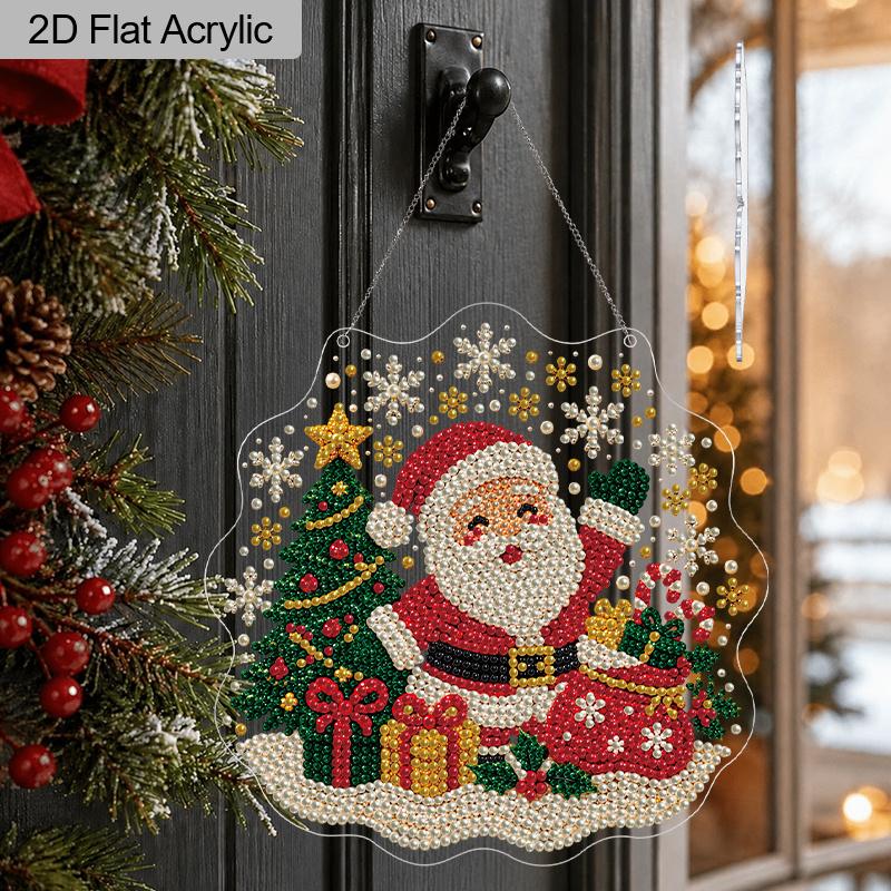 Christmas Acrylic Diamond Art Ornament, Santa Lace Edge, Pre-Attached Chain, Mixed Pearls, DIY Xmas Window Wall Decor & Gift