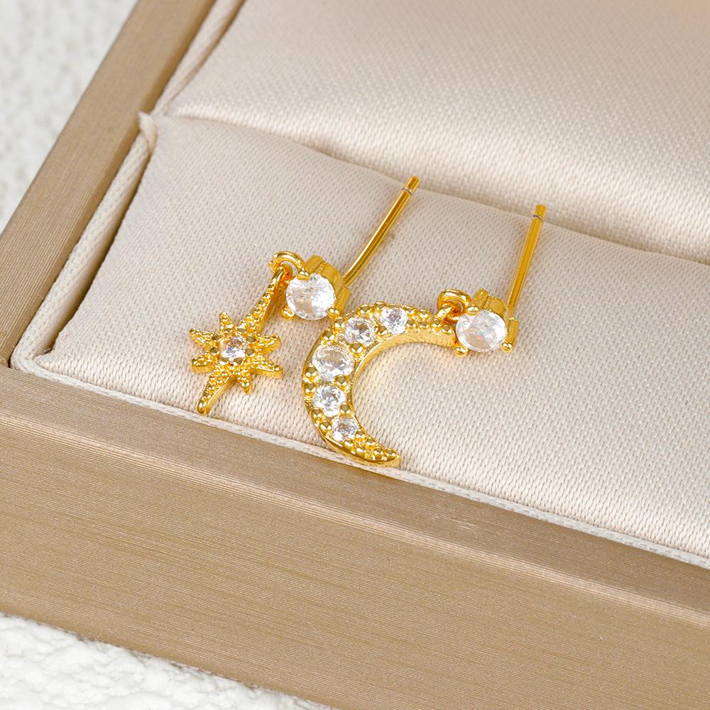 18k Asymmetrical Star And Moon Earrings, Trendy Zircon Lightning Studs, Hoops, And Drop Earrings For Women
