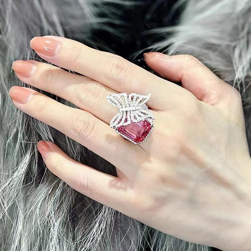 Pink Diamond Butterfly Ring - Trendy Open Adjustable Women s Jewelry with Full Diamond Design and Versatile Style Adjustable Open Size