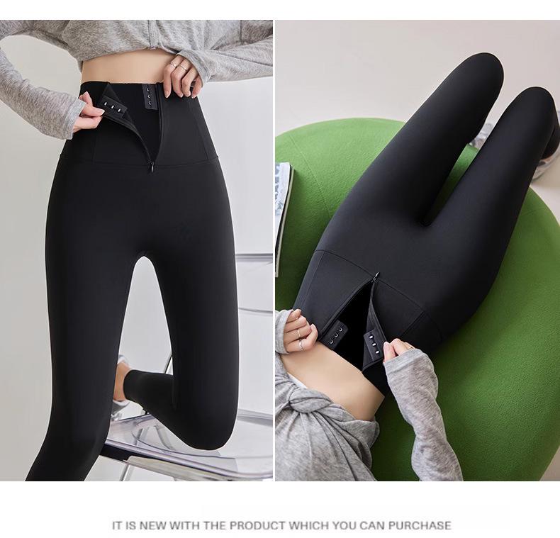 Women's Zipper Abdomen Control Shark Skin Pants: Plus Velvet, Thick Warm Button-Up Yoga Base Layer for Autumn/Winter.