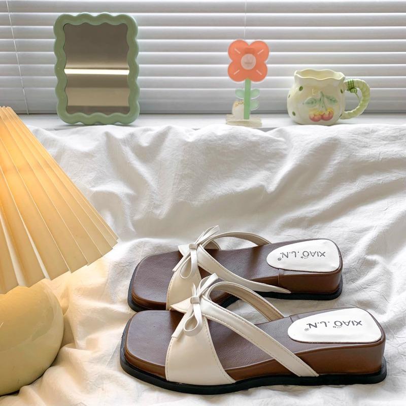 Summer wear new one-word drag gentle sandals thick-soled slope heel beautiful cool slippers women