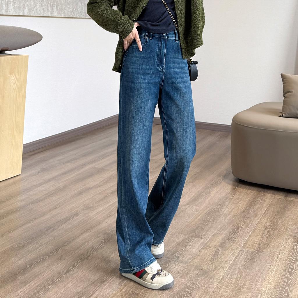 Women's High Rise Narrow Wide Leg Jeans Medium Stretch Tencel Cotton Straight Leg Denim Pants Two Length Casual Autumn Long Jeans