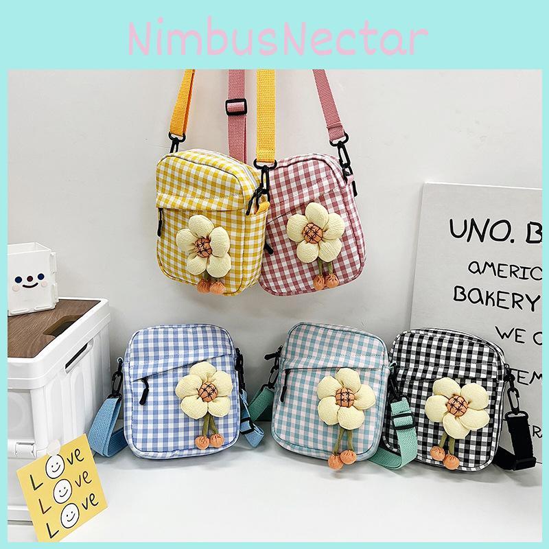Adorable 2022 Korean Style Checked Canvas Shoulder Bag For Girls With Floral Accents And Medium Size