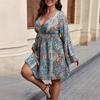 Plus Size Women's Fashion Print V Neck Long Sleeve Flared Sleeve Dress