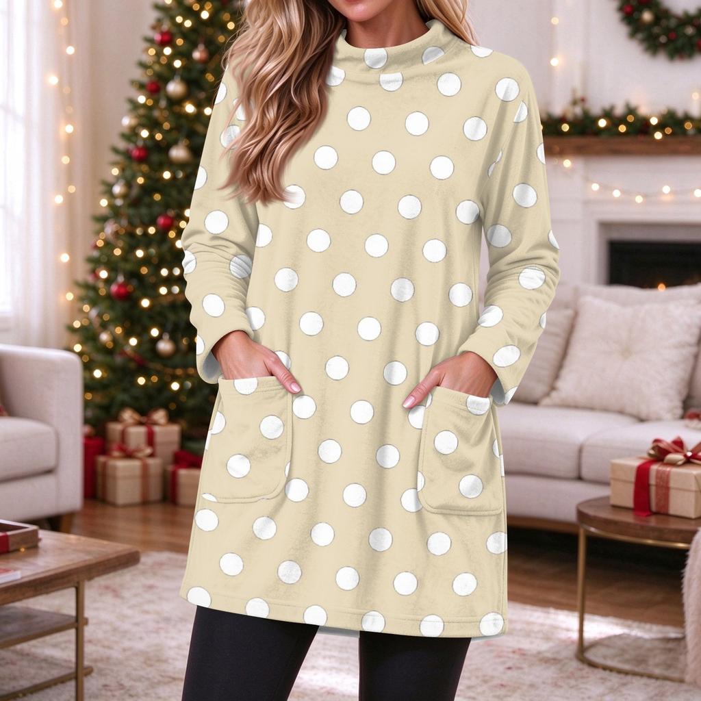 Women's Casual Flannel Polka Dot Print Pullover Top Long Sleeve Round Neck with Pockets