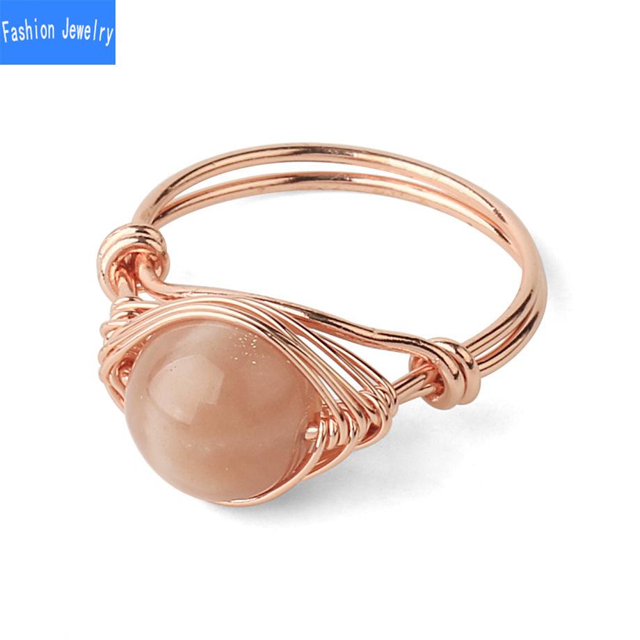 Mit Draht umwickelter runder natürlicher Kristallring, Amethyst-Rosenquarz-Reiki-Heilstein