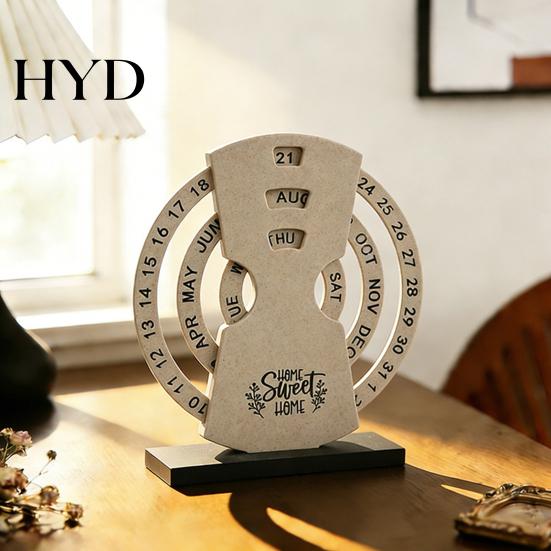 Wooden Texture Calendar Creative Perpetual Calendar, 3 Layer Rotating Date Desk Ornaments Decor, Vintage Monthly for Home Office Study Room