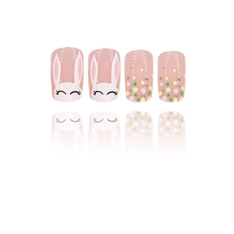 24 Pieces Easter False Nail Medium Square Rabbit Press On Nail Manicure Nail Art Easy Application for Women and Girls