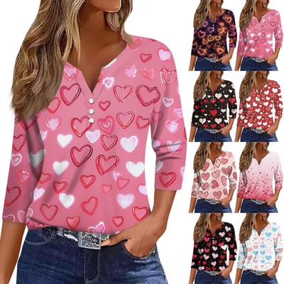 Women's Fashion Button-Up V-Neck Three-Quarter Sleeve Valentine's Day Print Top