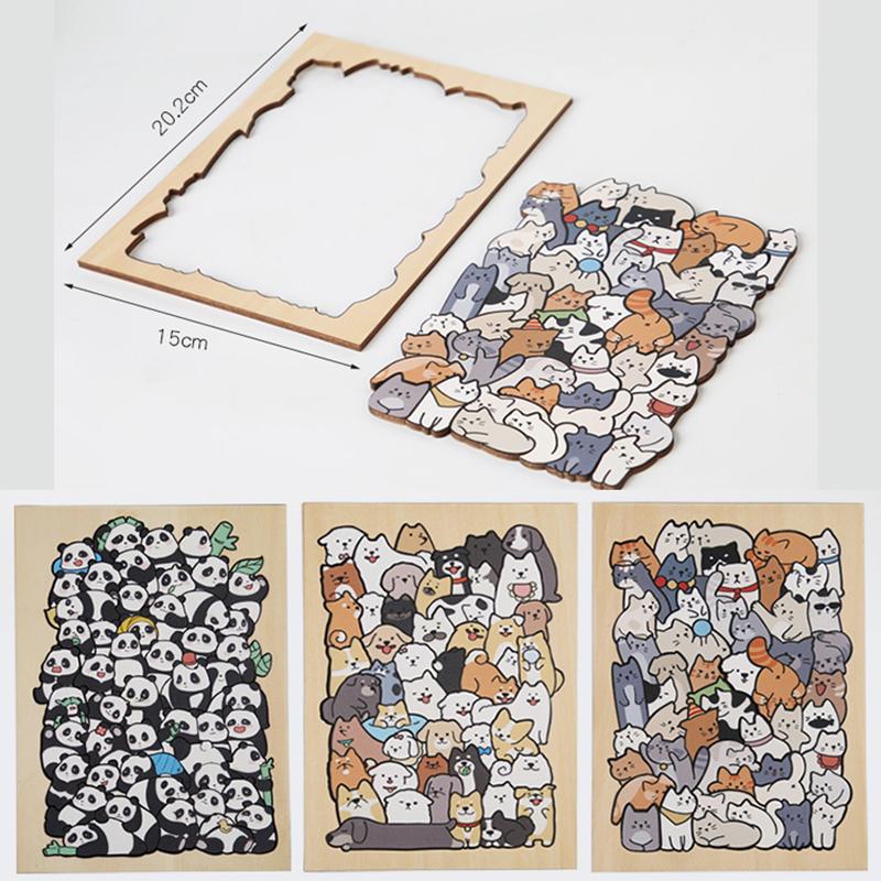 Kids Creative Animal Shape Puzzles Table Games Dog Cat Panda Stacked Puzzle Brain Games Montessori Thinking Education Wooden Toy
