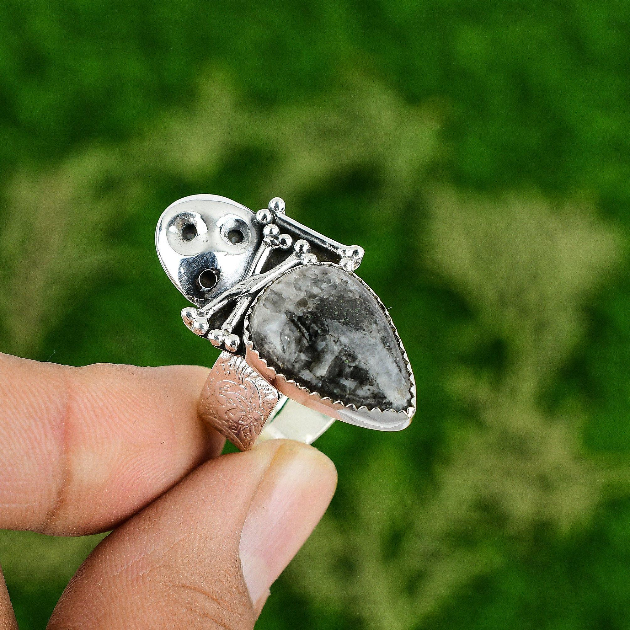 

Серебро 925 пробы Натуральный ископаемый ортоцерас Кольцо обещания Череп и кости Регулируемое Adjustable