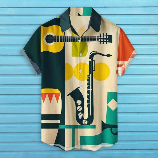 Men Beach Shirt 3D Cartoon Print Color Matching Short Sleeves Single-breasted Cardigan Beachwear Loose Turn-down Collar Summer Vacation Shirt