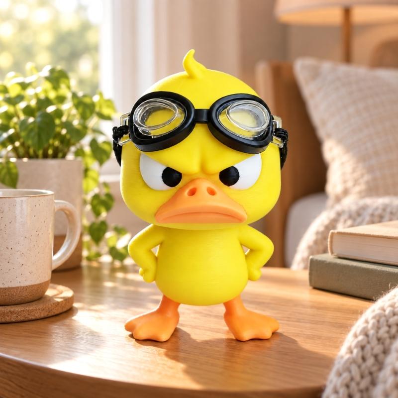 3D-Printed Angry Duck Decors, 2 Plastic Goggles-Wearing Figurines with Frowning Expression for Home or Office Desks, Shelves, and Display Cabinets