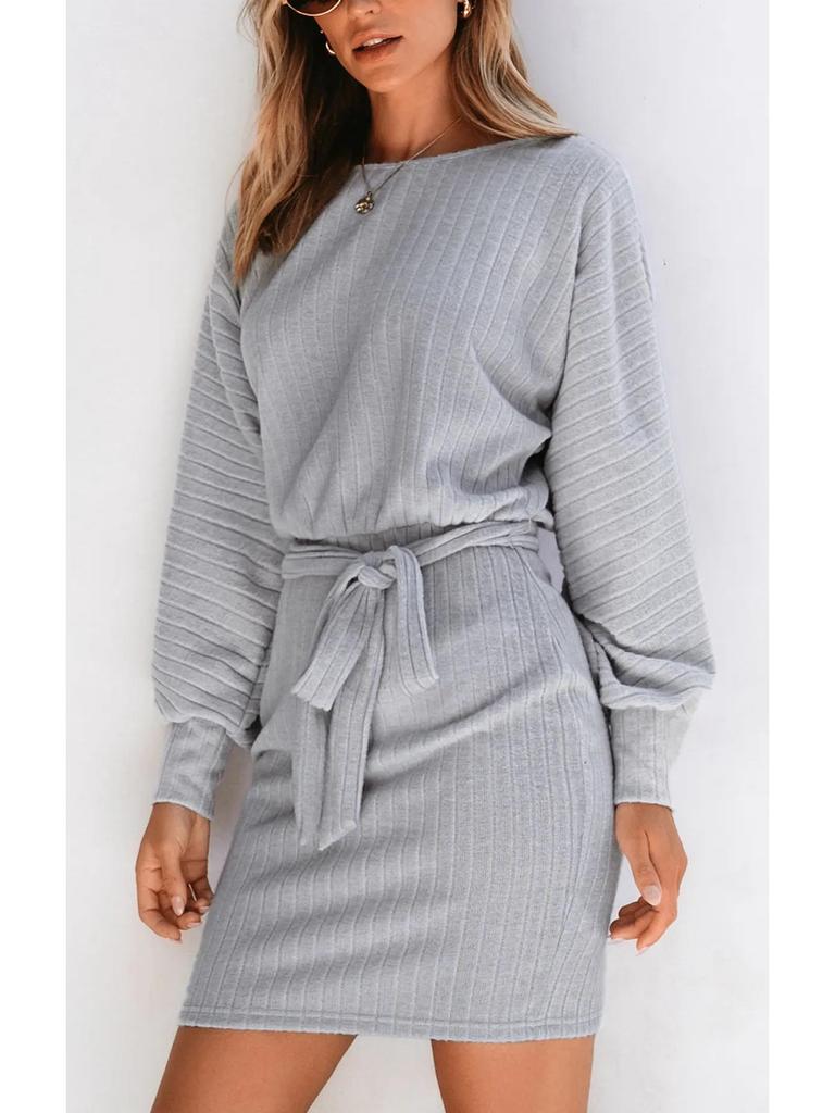 2025 European & American Spring Women's Belted Long Sleeve Ribbed Knit Dress
