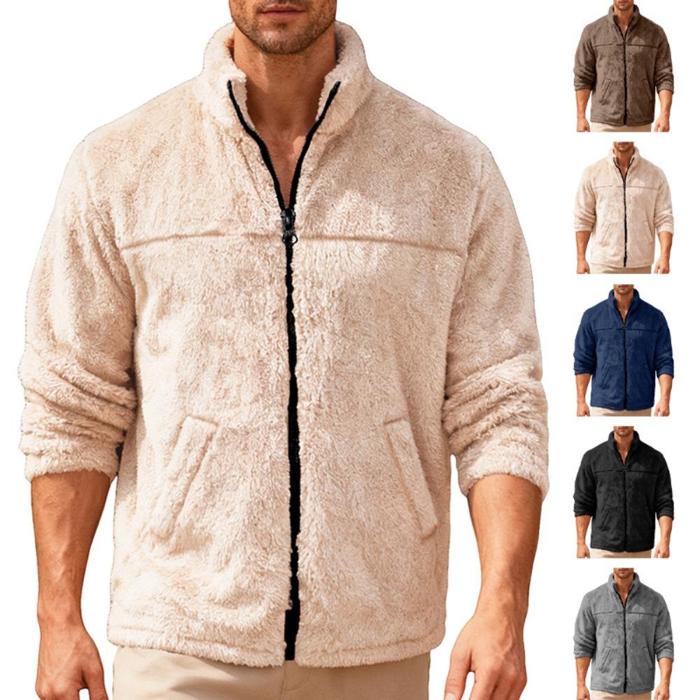 Herren Polarfleecejacke für Winter Einfarbig Stehkragen Langarm Reißverschlussfliege Mantel Lockere Passform Herren Oberbekleidung mit Taschen