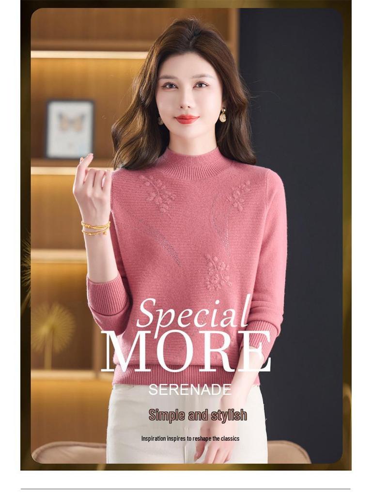 Autumn/Winter 100% Pure Wool Sweater for Mature Women - Knitted Base Layer with Stylish Embroidered Half-High Neck