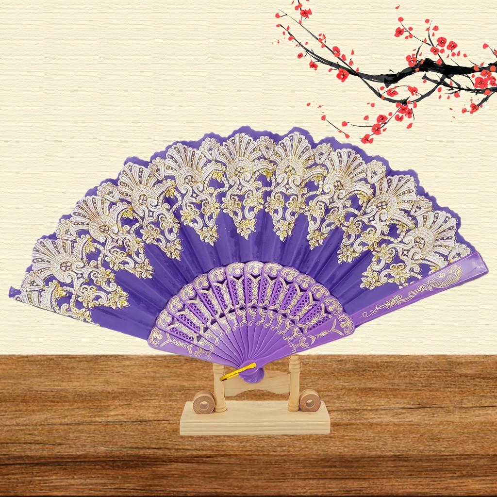 1pc Bronzing Flower Pattern Folding Fan Chinese Style Silky Fan Ancient Costume Accessories Dance Performance Props