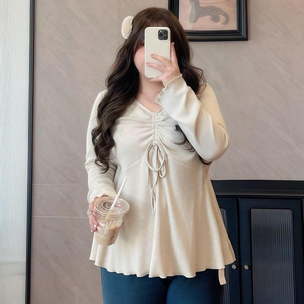 Plus Size V-Neck Drawstring Long-Sleeve T-Shirt Women's Spring/Autumn Loose Slimming Top