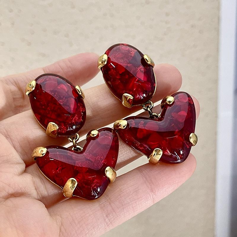 Vintage Red Heart Glass Pendants Earrings For Women Girls Exaggerated Metal Big Heart-Shaped Drop Earrings Wedding Jewelry Gifts