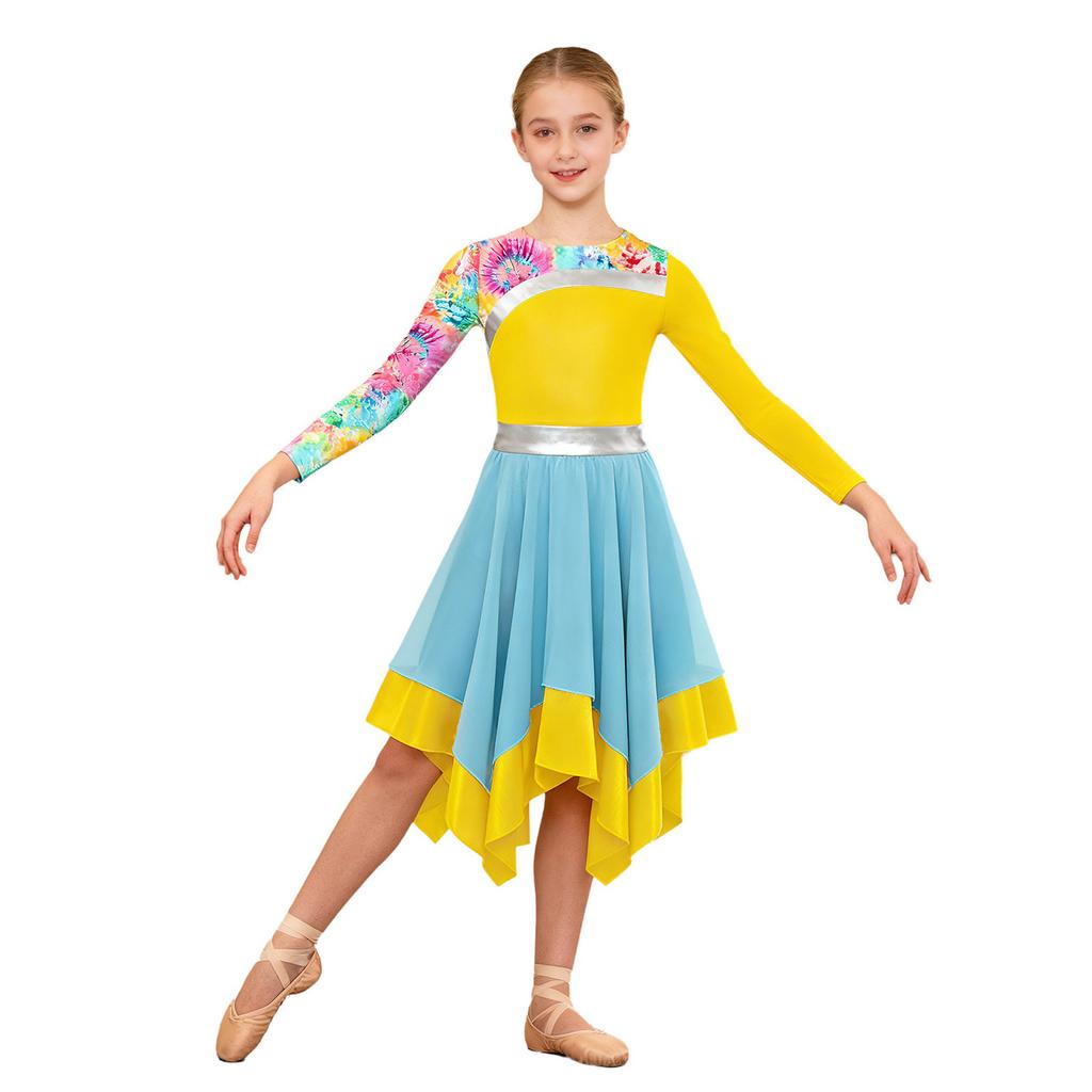 Girls Contemporary Worship Dance Dress: Long Sleeve with Invisible Zipper Back, Stylish Printed Patchwork & Color Block Irregular Hem