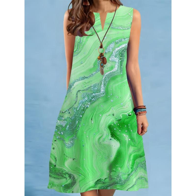 Summer Print A-Line Dress Women Casual Sexy Sleeveless V-neck Loose Mini Dress Elegant Landscape Oil Painting Dress Vestidos