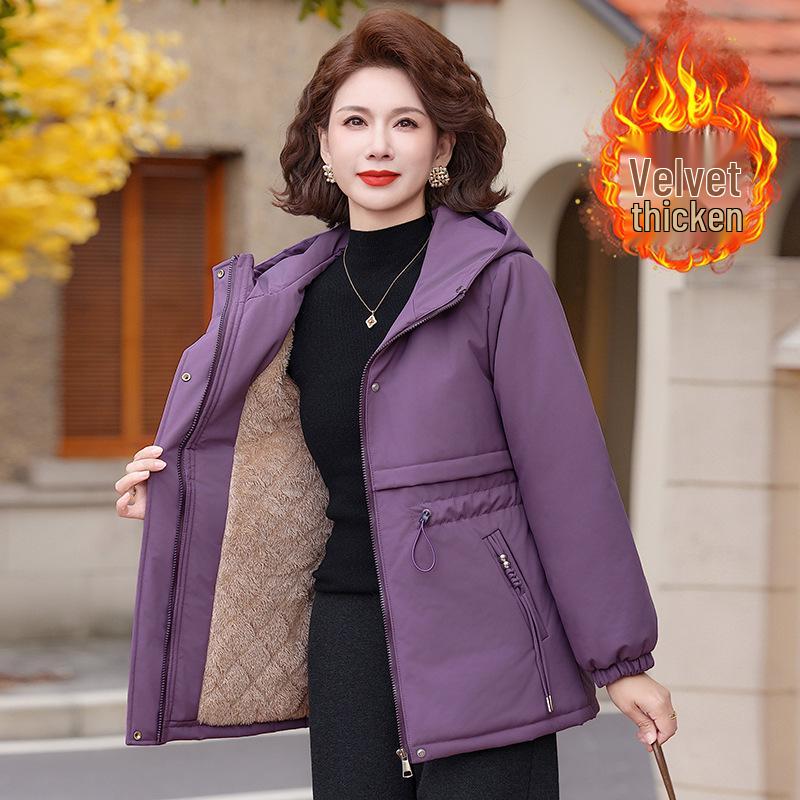 Velvet-Lined Plain Windbreaker: Casual Plus Size Winter Jacket for Middle-Aged and Elderly Women