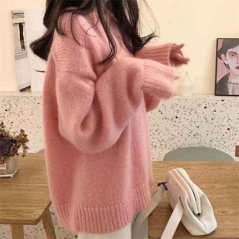 Crew neck solid color sweater women's autumn and winter new loose pullover knitted sweater women