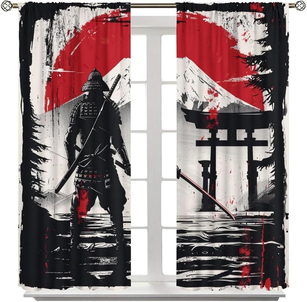 Japanese Anime Samurai Curtains Watercolor Ink Samurai Red Sun Shrine Mount Fuji Blackout Window Treatment Living Room Bedroom