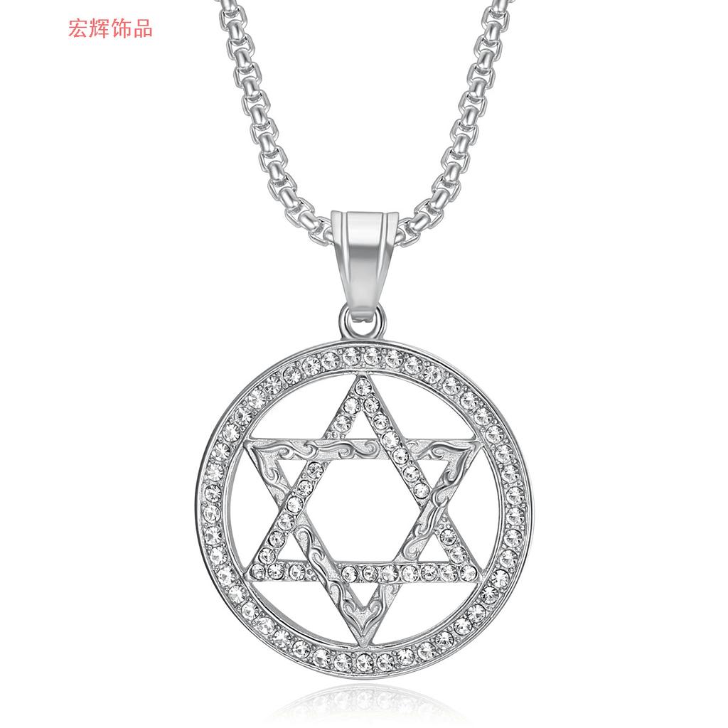 Hot Selling Hip Hop Jewelry Titanium Steel Gold-Plated Round Pendant Hexagram Necklace
