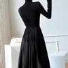 Černé šaty áčkového střihu ve francouzském stylu Dámské elegantní šaty midi s dlouhým rukávem a vysokým pasem Podzimní zimní přiléhavé maxi šaty