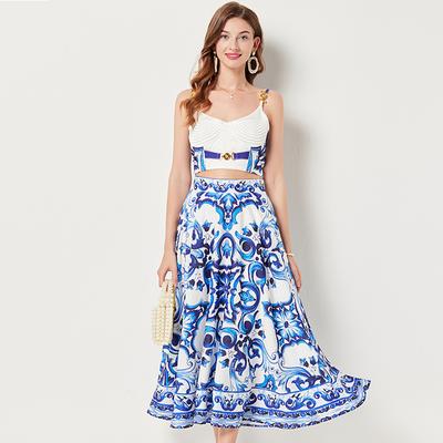 Summer Women Designer Print Runway Two Piece Set Fashion Spaghetti Bra Tops and Big Swing Long Skirt Holiday Beach Outfits