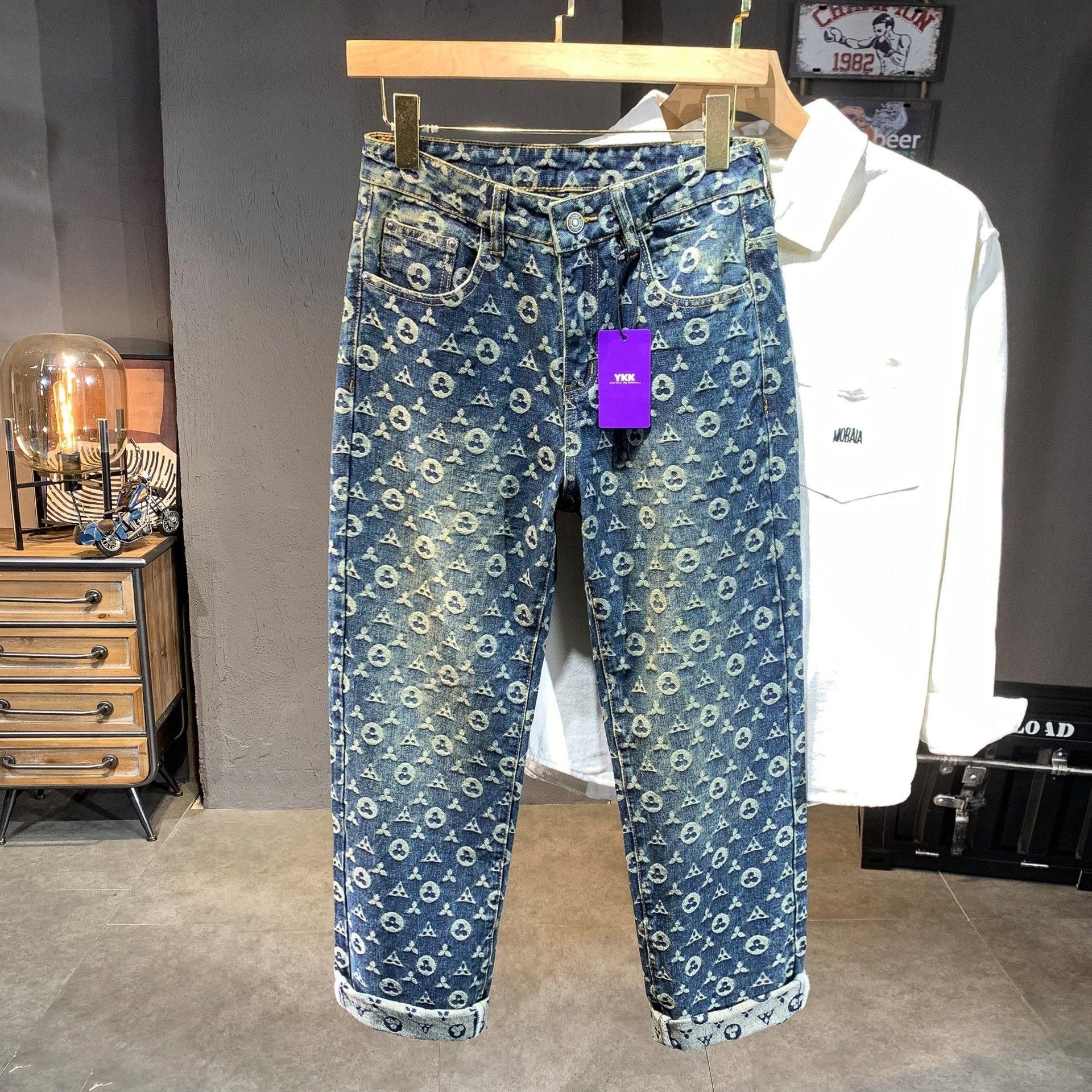 Fable Women's Blue Men And Same American High-End Jacquard Jeans Autumn And Winter New High Street Loose Straight Casual Wide-Leg Trousers Cm