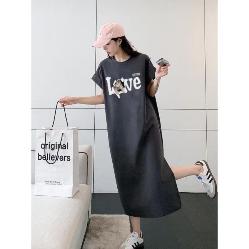 T-shirt Loose Casual Oversized Dress with A Slit At The Hem and A Long Skirt Design
