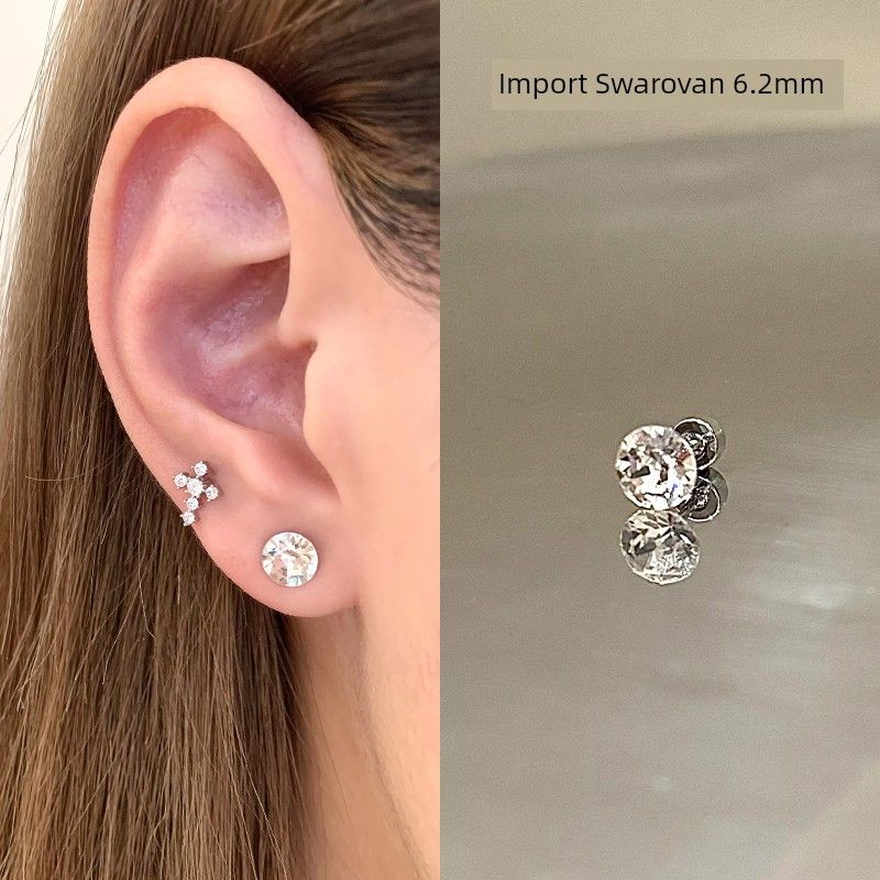 

Ringring Store Titanium Steel Chinese Stud Earrings Cross Zircon Unique Ear Bone Stud Flash Double Ear Piercing Earrings Women 6.2mm pure white 1