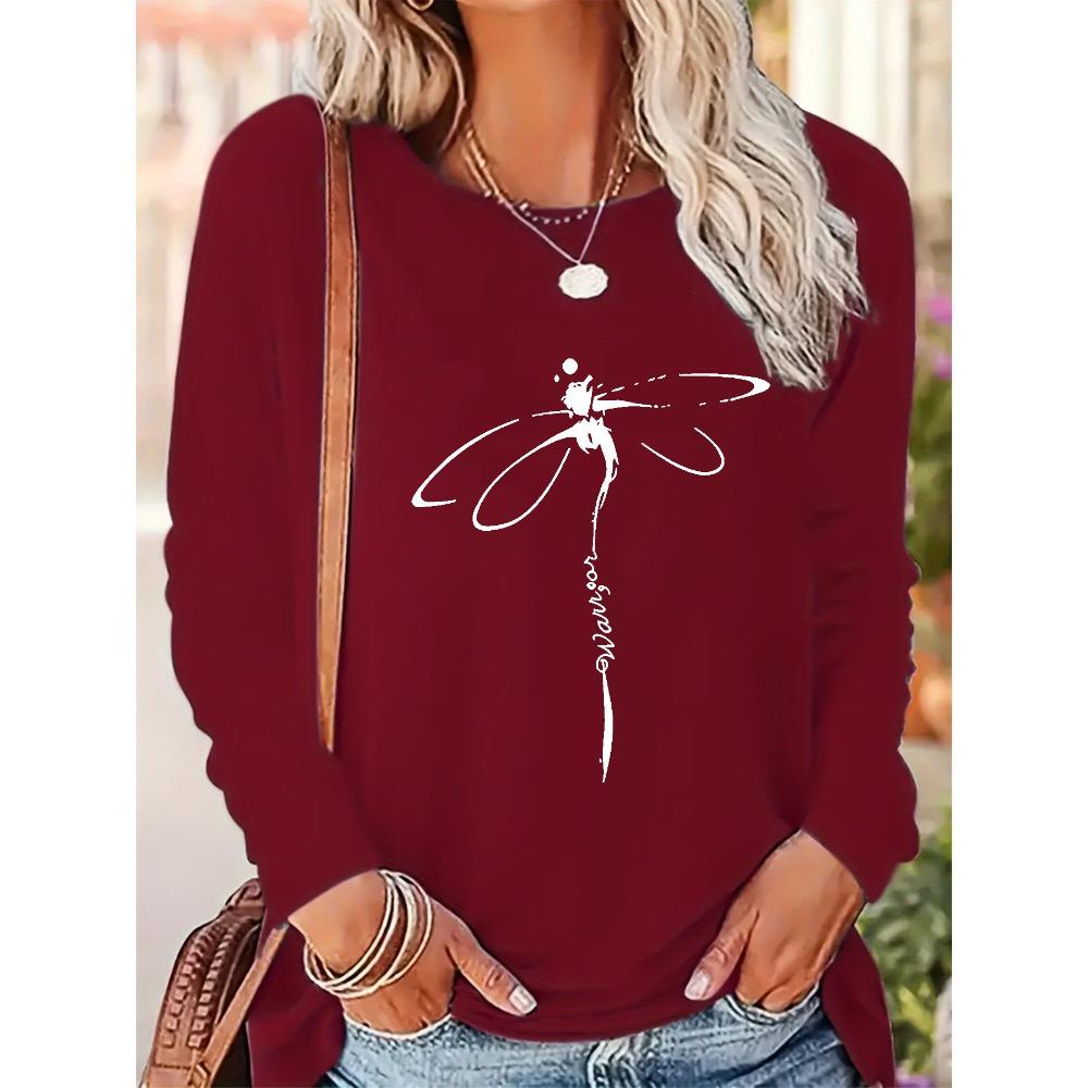 Women's 100% Cotton Long Sleeve T-Shirt Dragonfly Print round Neck Casual Fashion Top for Spring And Autumn