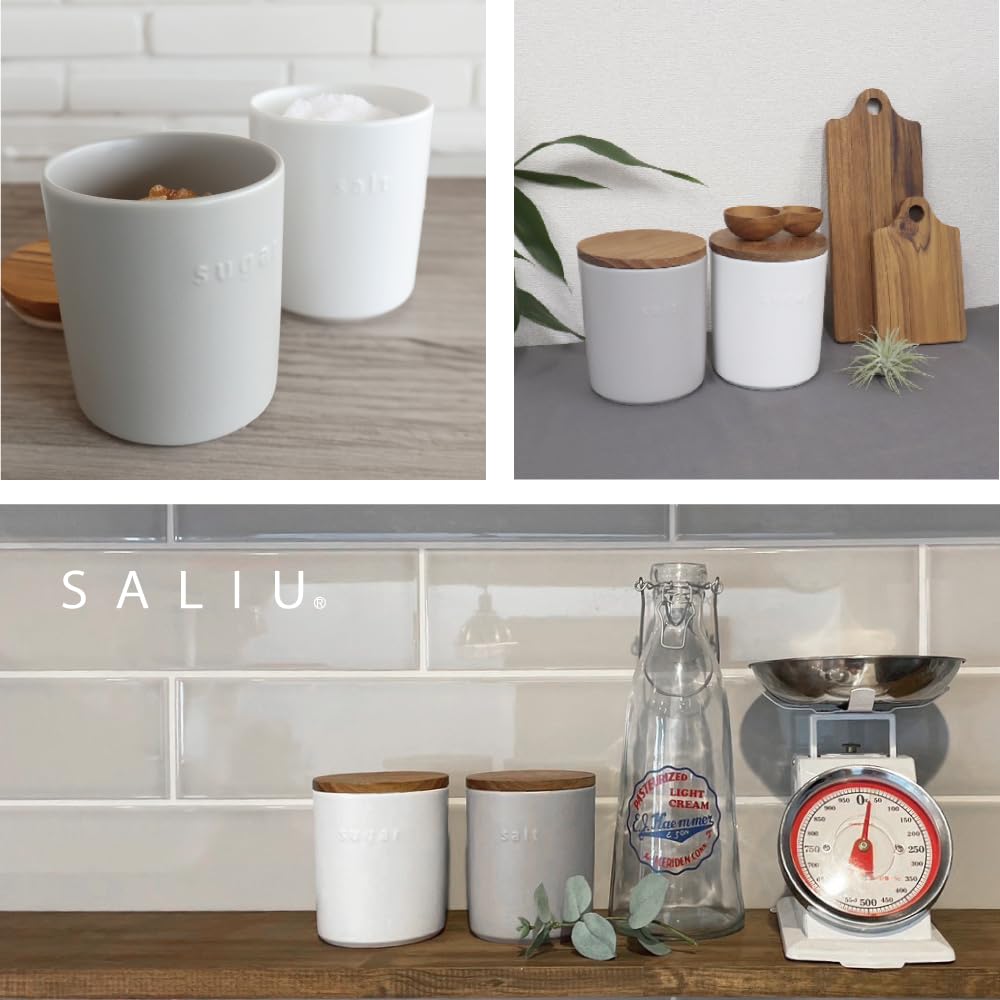LOLO Vorratsbehälter Greige Grau 500ml Dose Keramik Hergestellt in Japan Teak Konvexes Dosen-Set Salz Zucker (Weißes Set)