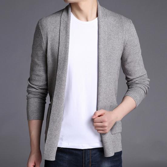 Men Sweater Coat Solid Color Soft Warm Breathable Stretchy Open Stitch Cardigan Long Sleeves Turn-down Collar Sweater Jacket Men Clothes