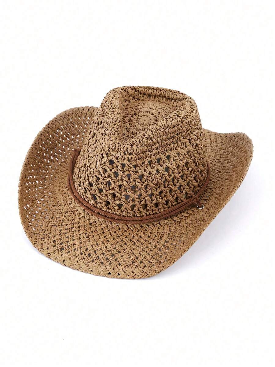 Bohemian Hollow Out Straw Cowboy Hat For Summer Beach Vacation UV Protection onesize