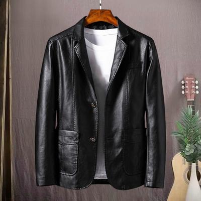 Yousheng Herrenjacke Revers Langarm Einreiher Kunstleder Mantel mit Taschen Lockere Passform Einfarbige Oberbekleidung