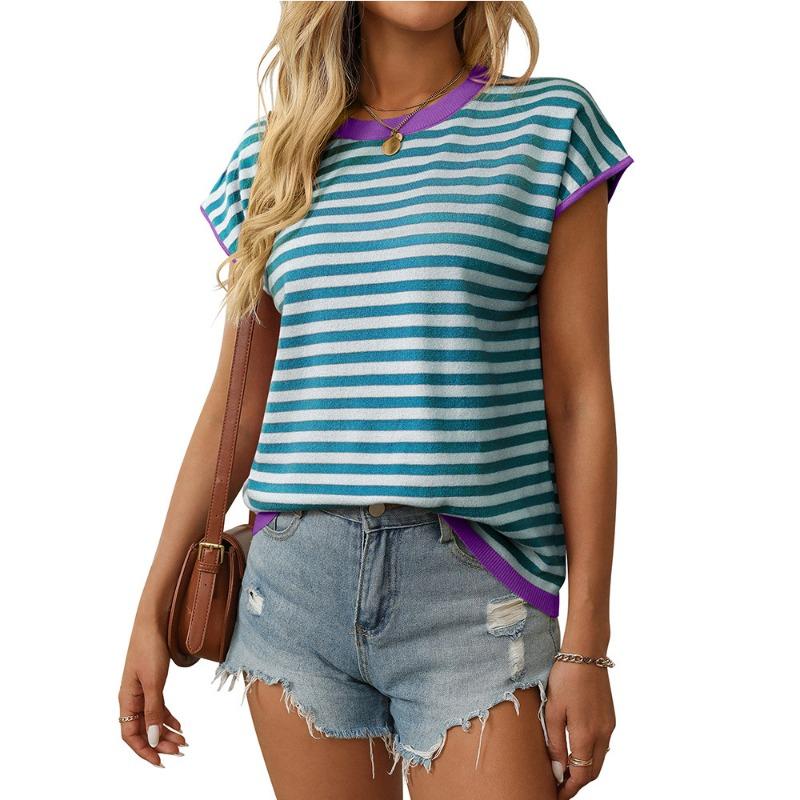 

Женский летний новый круглый вырез трикотажный топ повседневный полосатый свитер XL павлин голубой