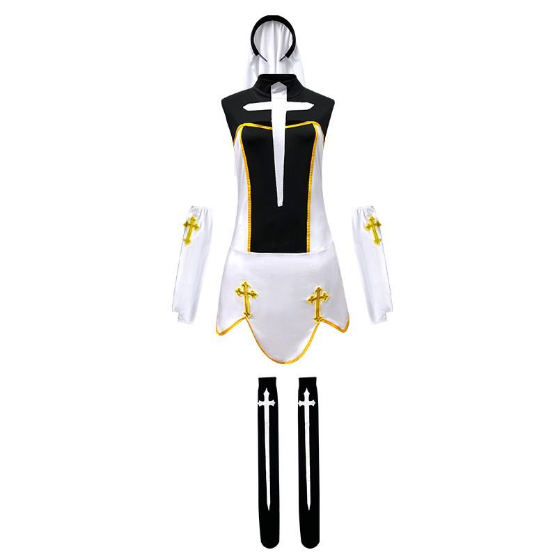 Halloween Nun Costume Role Play Outfit Stage Performance Womens Game Uniform
